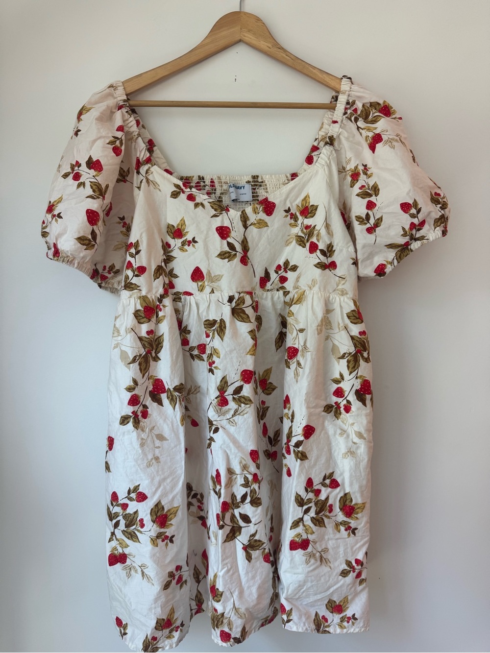 Old Navy Strawberry Print Puff Sleeve Smocked Mini Dress Cream Women L Petite